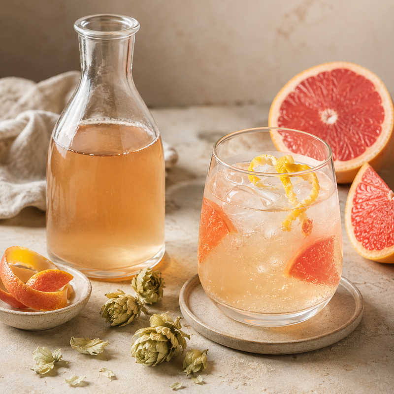 Hops and grapefruit botanical cordial served with sparkling water, fresh pink grapefruit and dried Hops Flowers