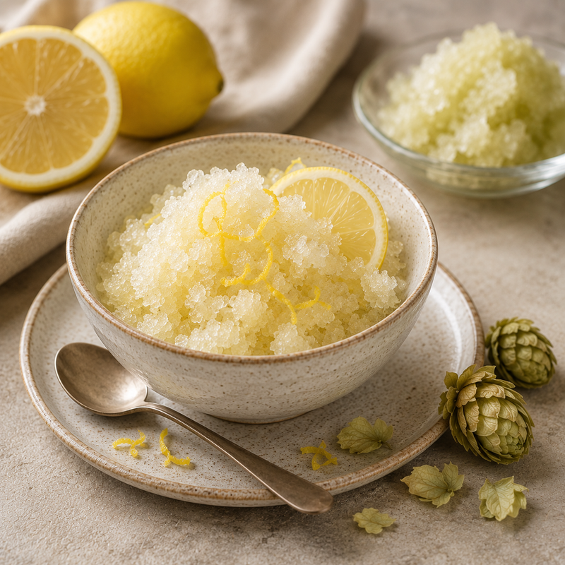 Hops and lemon granita with pale crystalline ice, fresh lemon zest and dried Hops Flowers