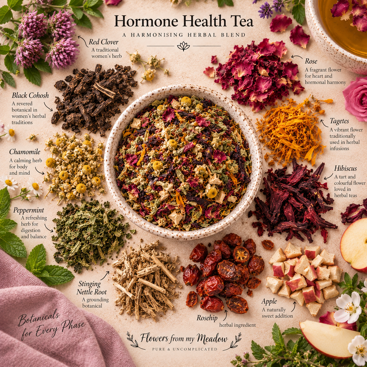 Hormone Health Tea botanical guide with red clover, black cohosh, chamomile, peppermint, nettle root, rose, tagetes, hibiscus, rosehip and apple
