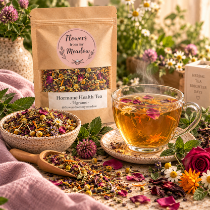 Hormone Health Tea with a freshly brewed cup, loose botanical blend and colourful herbs in a warm botanical setting