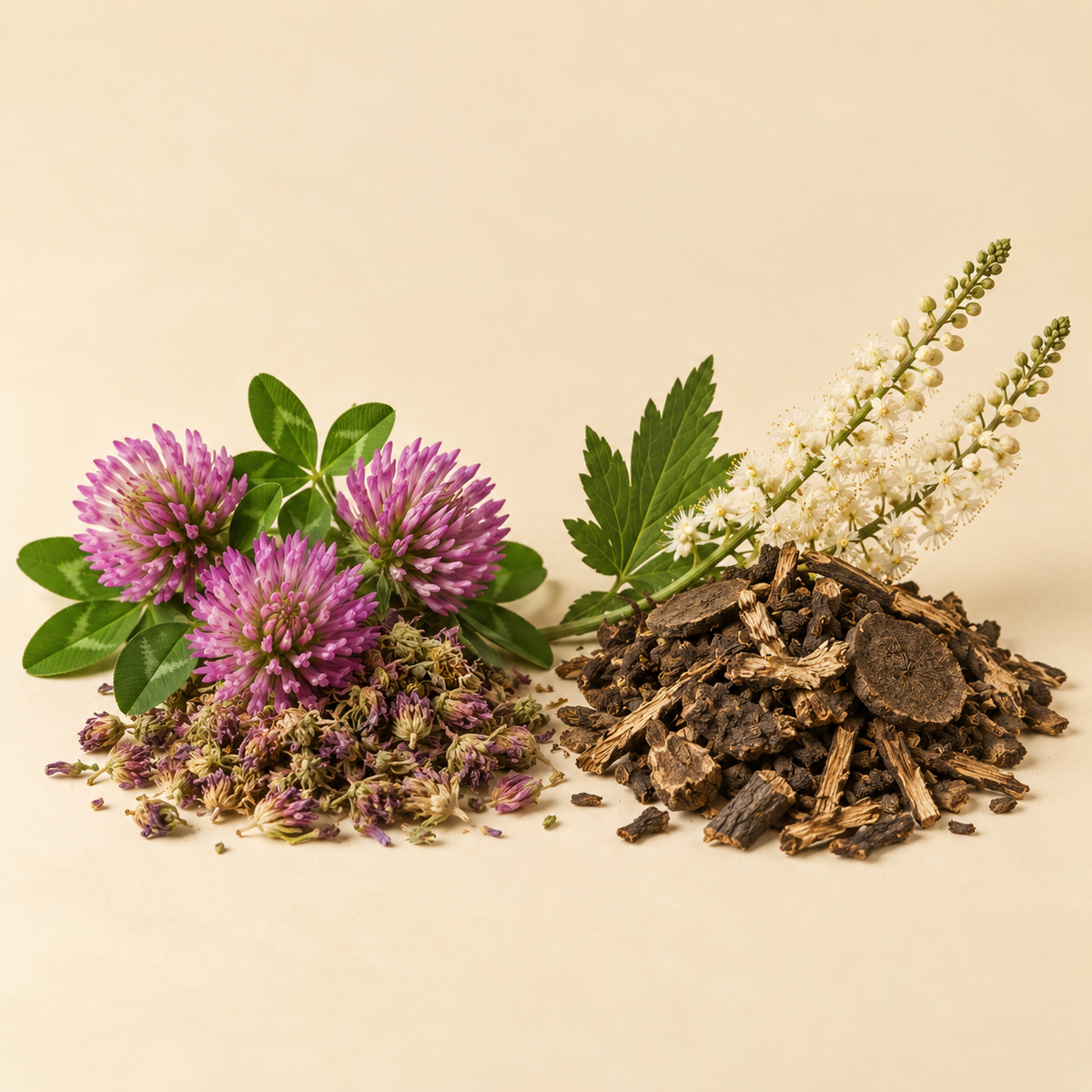 Red Clover flowers and Black Cohosh root botanicals used in Hormone Health Tea