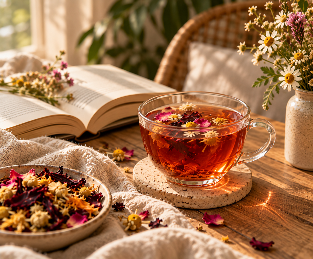 Hormone Health Tea beside an open book for a gentle afternoon tea ritual