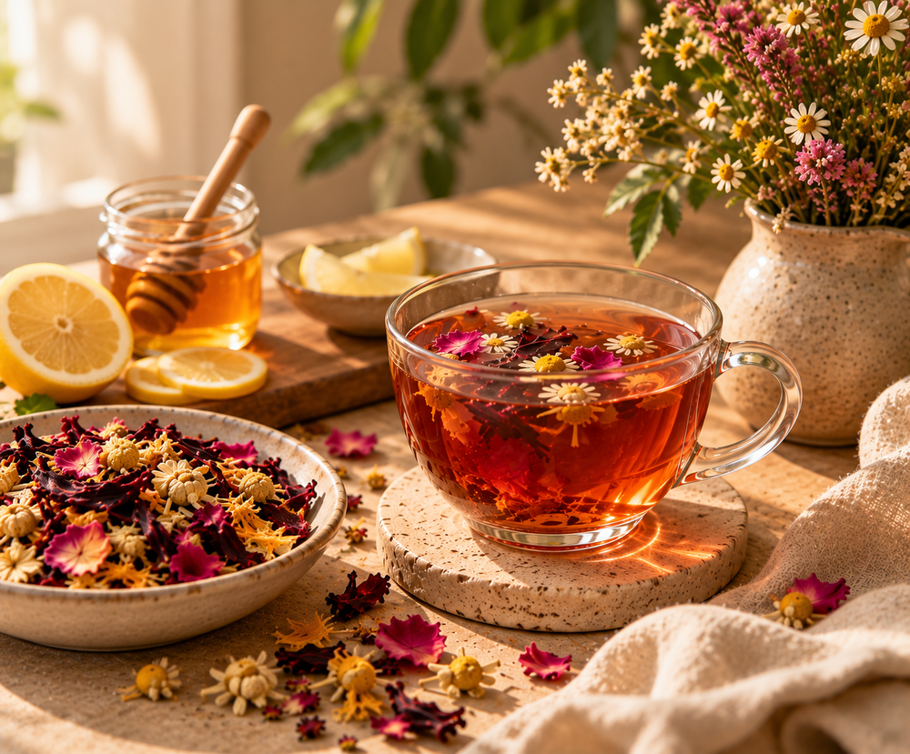 Hormone Health Tea served with honey and fresh lemon for a personalised botanical tea ritual