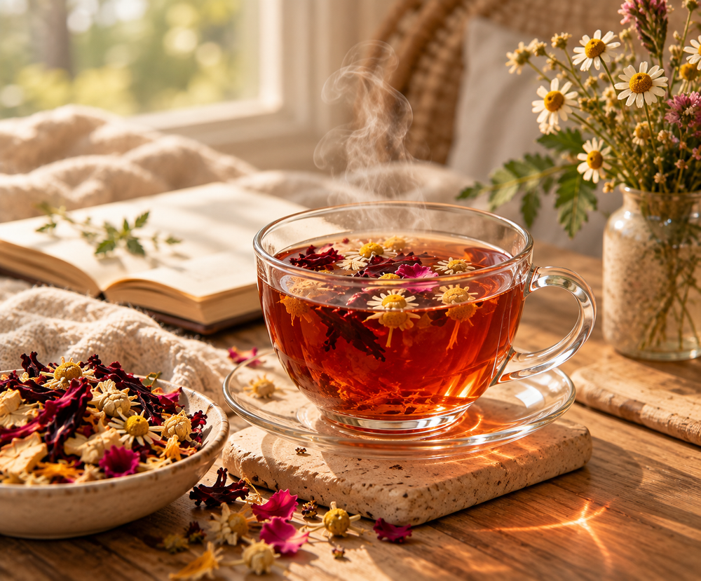 Warm cup of Hormone Health Tea enjoyed as part of a peaceful morning tea ritual