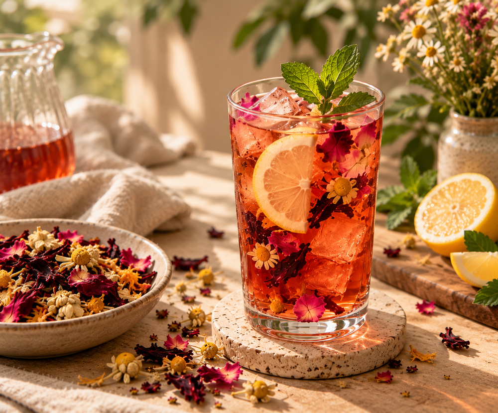 Hormone Health Tea served over ice with lemon and fresh mint for a refreshing botanical tea ritual