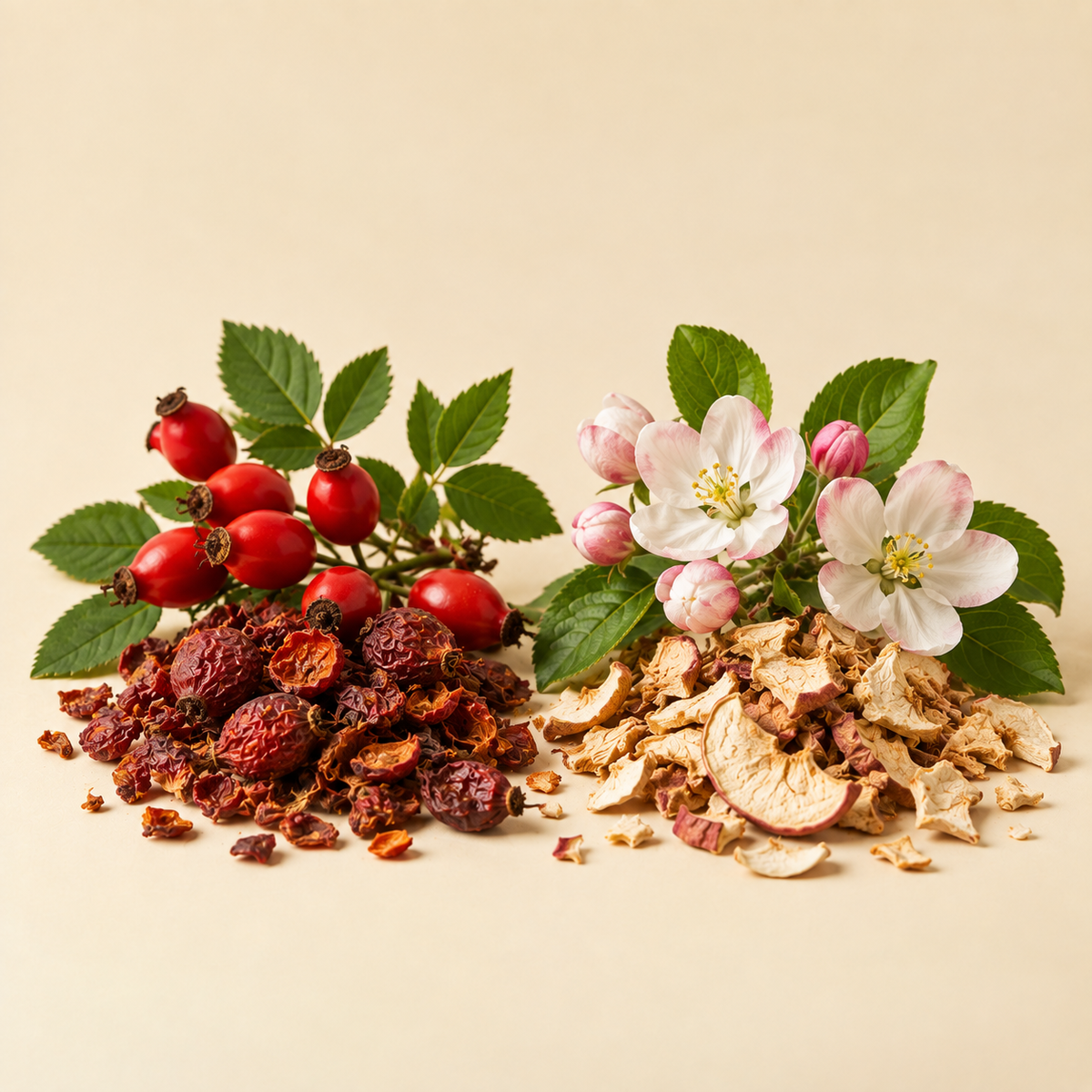 Rosehips and dried Apple pieces used in Hormone Health Tea