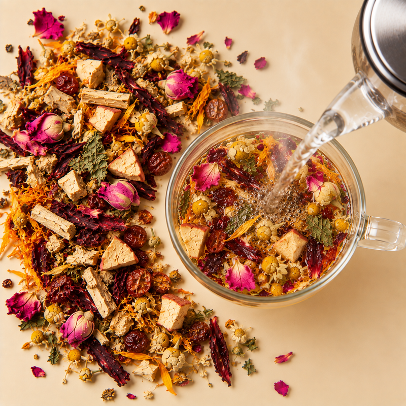 Freshly boiled water poured over Hormone Health Tea botanical blend in a clear glass cup