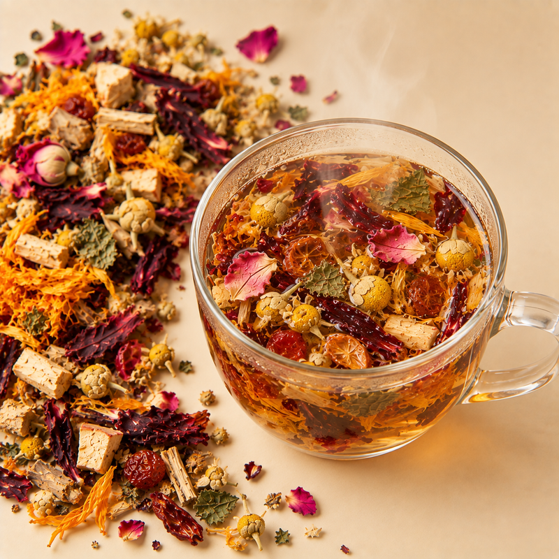 Hormone Health Tea botanicals slowly infusing in a clear glass cup
