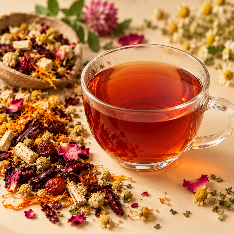 Filtered Hormone Health Tea served in a clear glass cup beside the colourful botanical blend