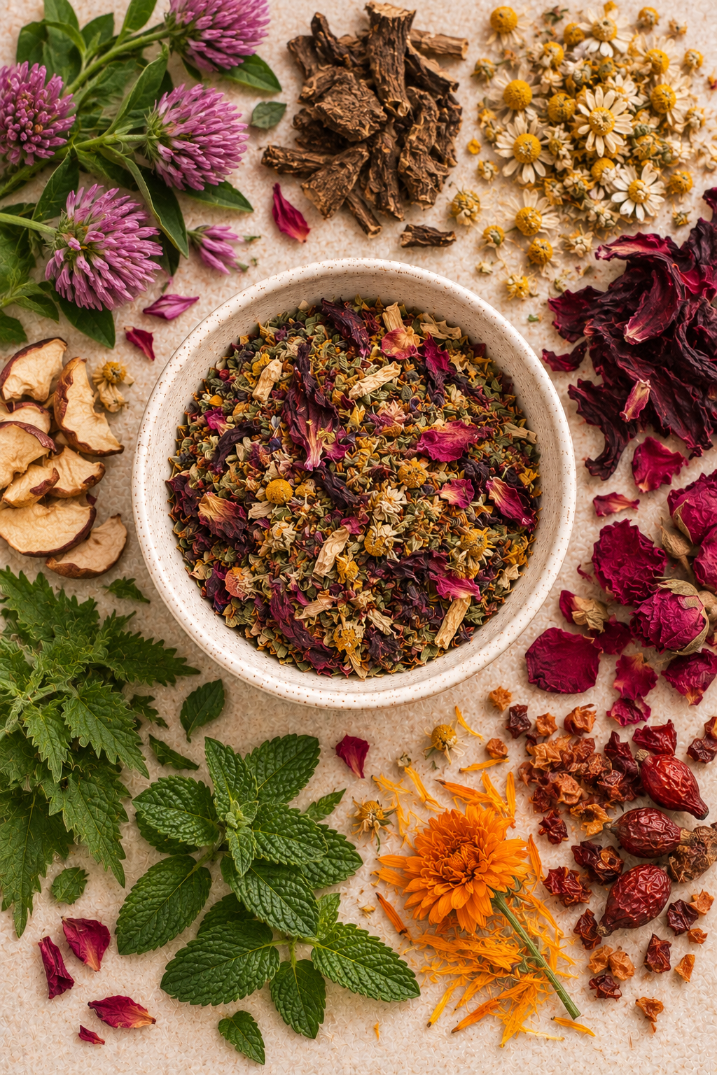 Hormone Health loose leaf tea surrounded by red clover, black cohosh, chamomile, peppermint, nettle root, rose, hibiscus, rosehip, apple and tagetes botanicals
