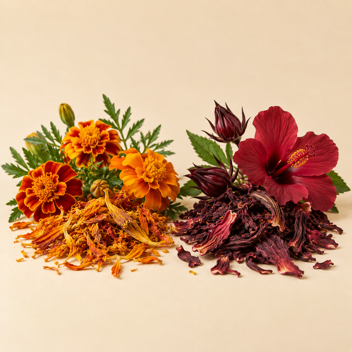 Tagetes flowers and Hibiscus calyces used in Hormone Health Tea
