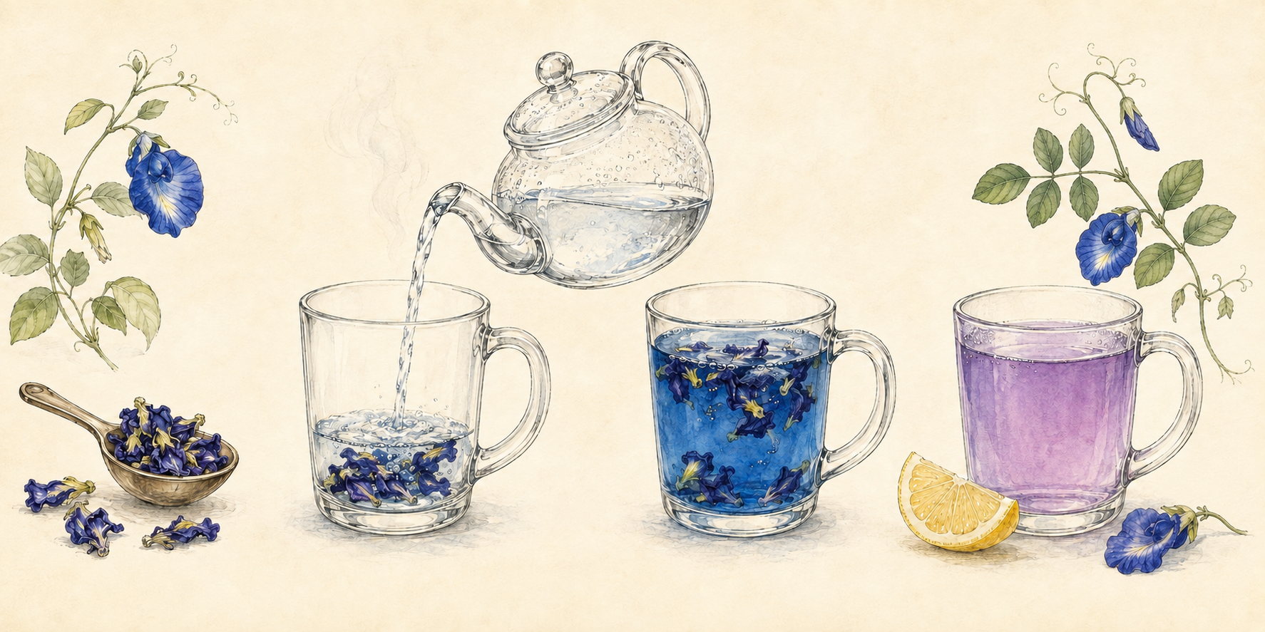 Blue Butterfly Pea Flower tea brewing process