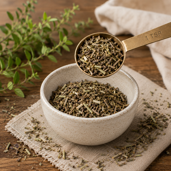 One teaspoon of dried Skullcap herb measured for preparing Skullcap tea