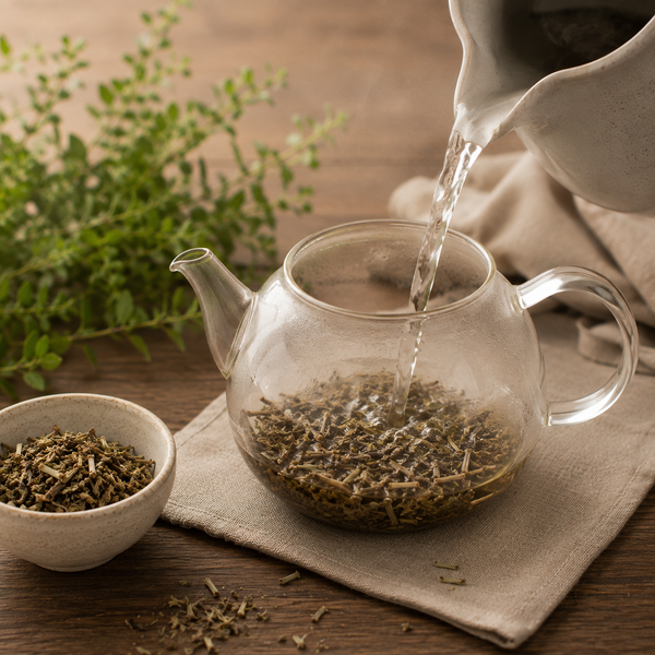 Freshly boiled water being poured over dried Skullcap herb in a glass teapot