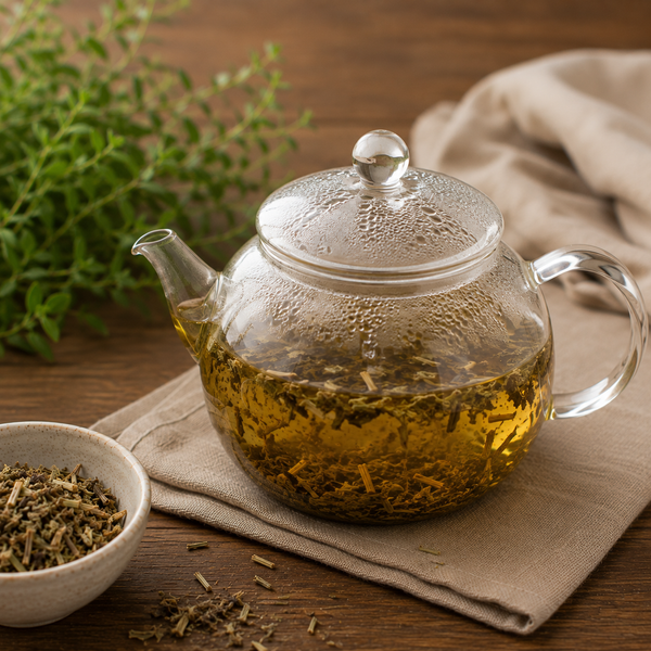 Dried Skullcap herb steeping covered in a glass teapot to prepare Skullcap tea