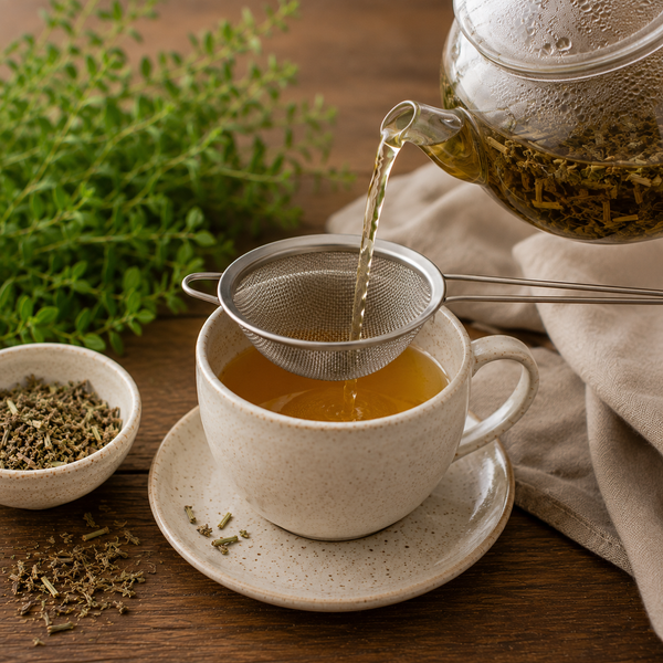 Skullcap herbal tea being strained into a cup after steeping