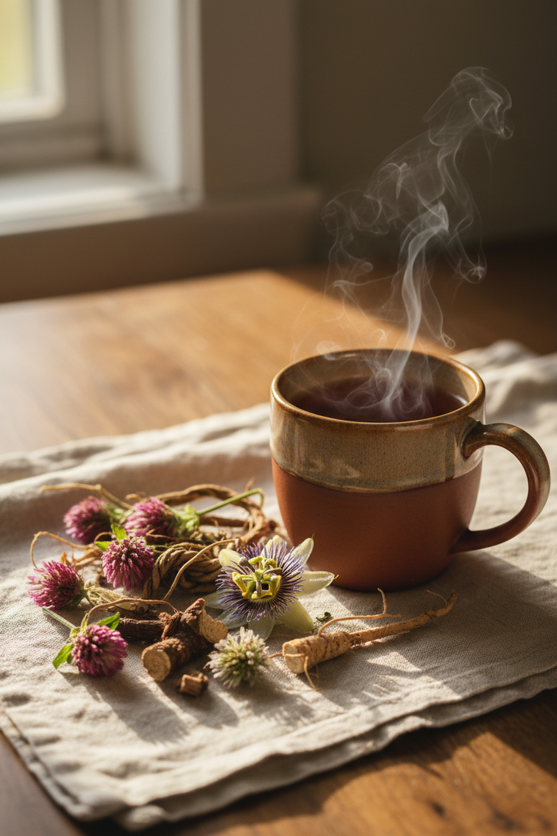 A warm ceramic mug filled with steaming tea sits on a linen cloth on a wooden table, styled with dried flowers and herbs in soft natural light near a window.