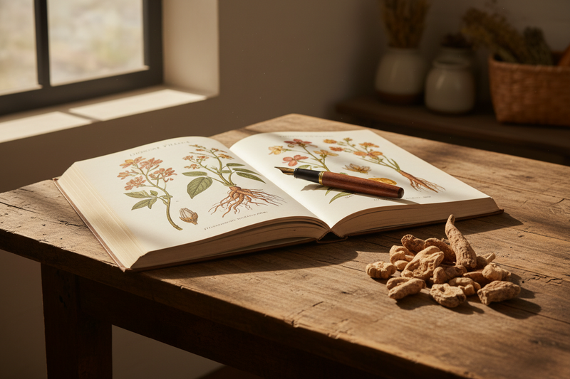 An open vintage-style botanical book with illustrated plant pages sits on a rustic wooden table, with a small pile of dried roots beside it and a pen resting on the pages. Warm sunlight streams in from a window in the background.