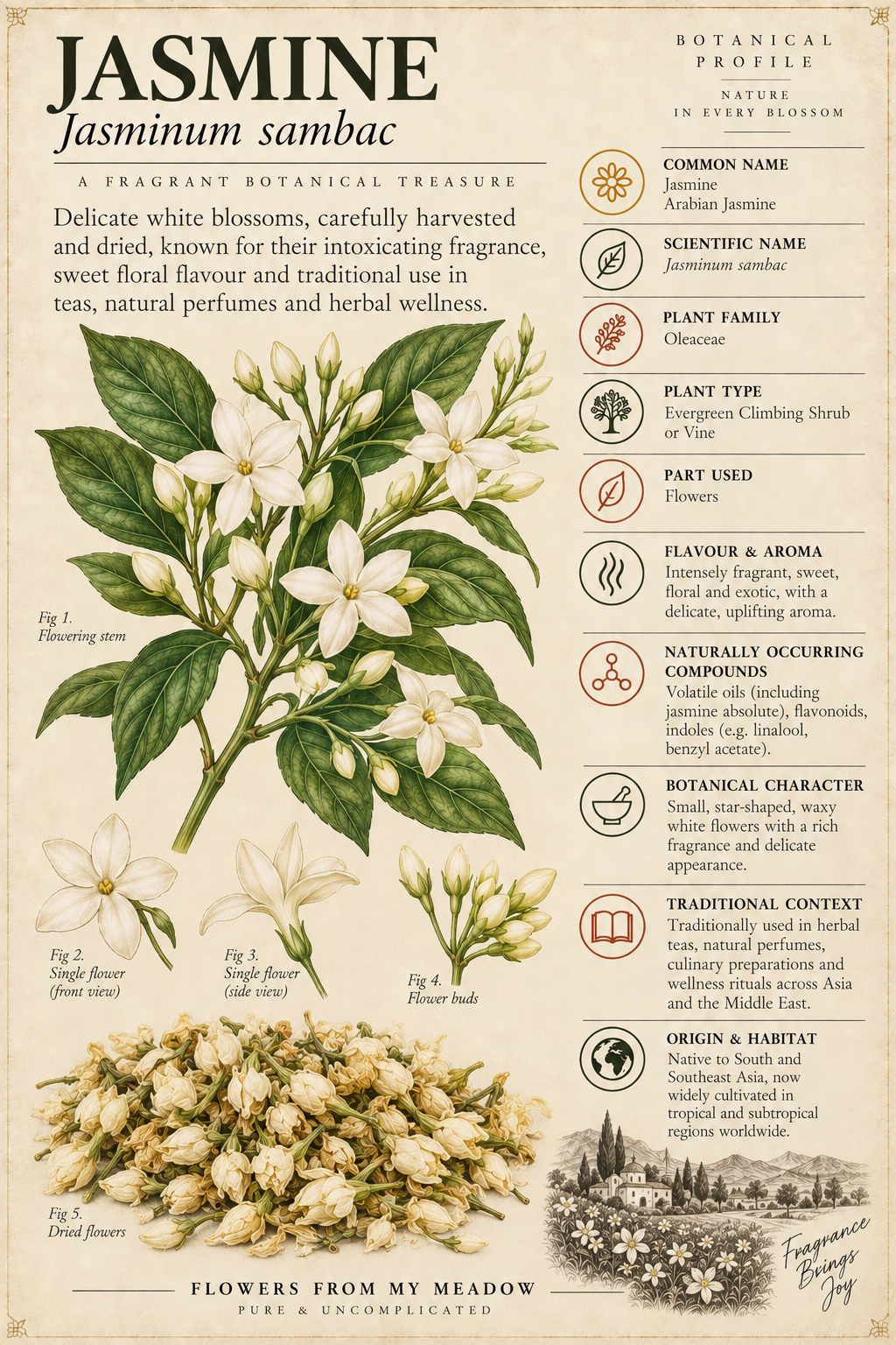 Vintage botanical profile of Jasmine showing Jasminum sambac flowers, dried blossoms and key botanical information