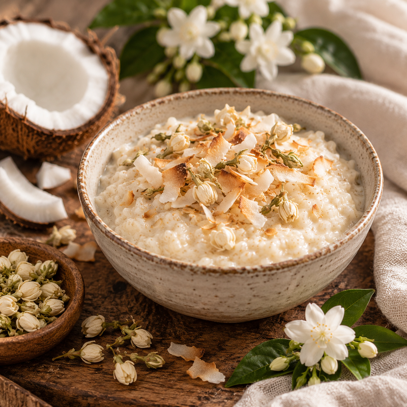 Jasmine and coconut rice pudding topped with toasted coconut and delicate dried Jasminum sambac flowers