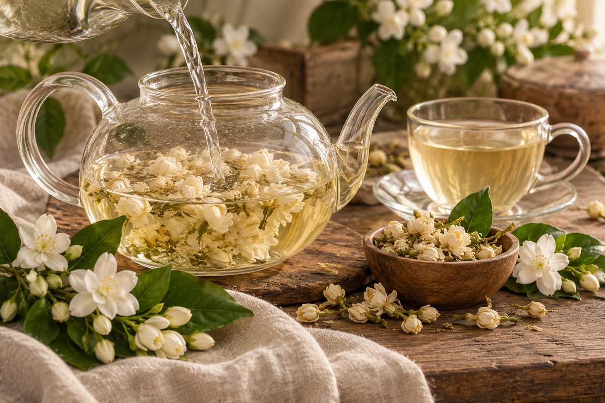 Jasmine flower tea preparation with dried Jasminum sambac blossoms steeping in a glass teapot and a pale golden floral infusion