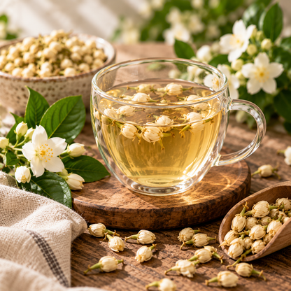 Jasmine flower tea with dried jasmine blossoms and a naturally pale golden floral infusion