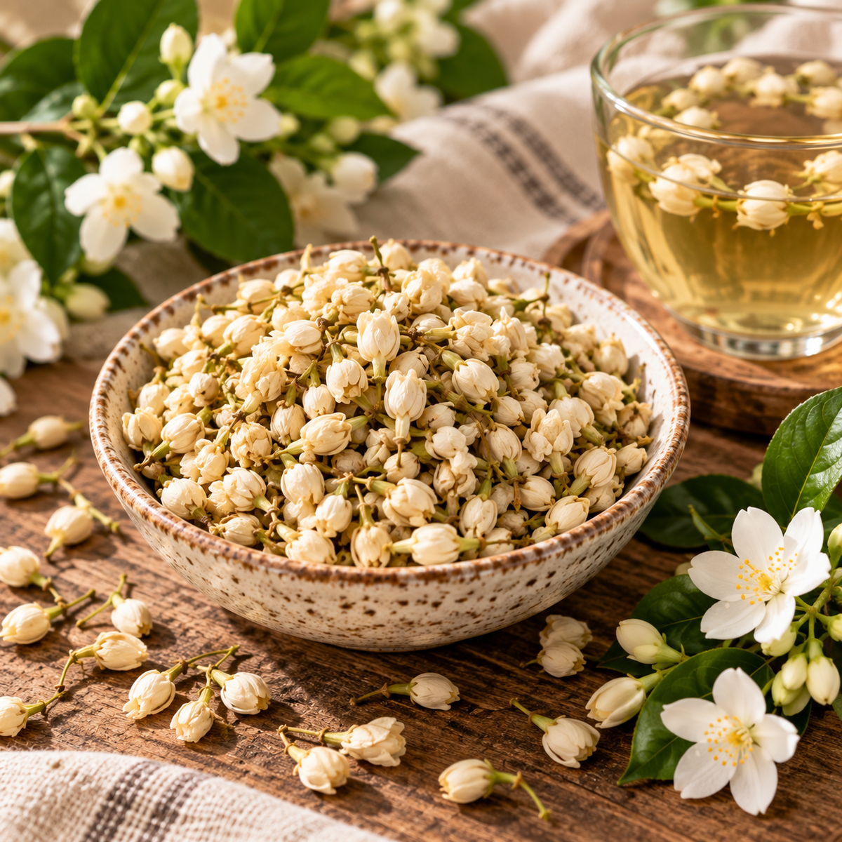 Dried Jasmine Flowers in a ceramic bowl showing their delicate cream-white blossoms, styled with fresh jasmine flowers and green leaves