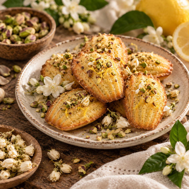 Jasmine, lemon and pistachio madeleines topped with chopped pistachios, lemon zest and delicate Jasminum sambac flowers