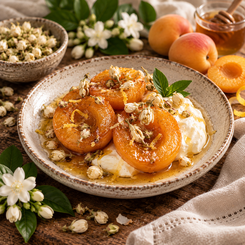 Jasmine-poached apricots with mascarpone, floral syrup and delicate Jasminum sambac flowers