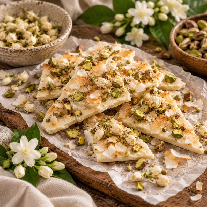 Jasmine and white chocolate bark topped with dried Jasminum sambac flowers, pistachios and toasted coconut