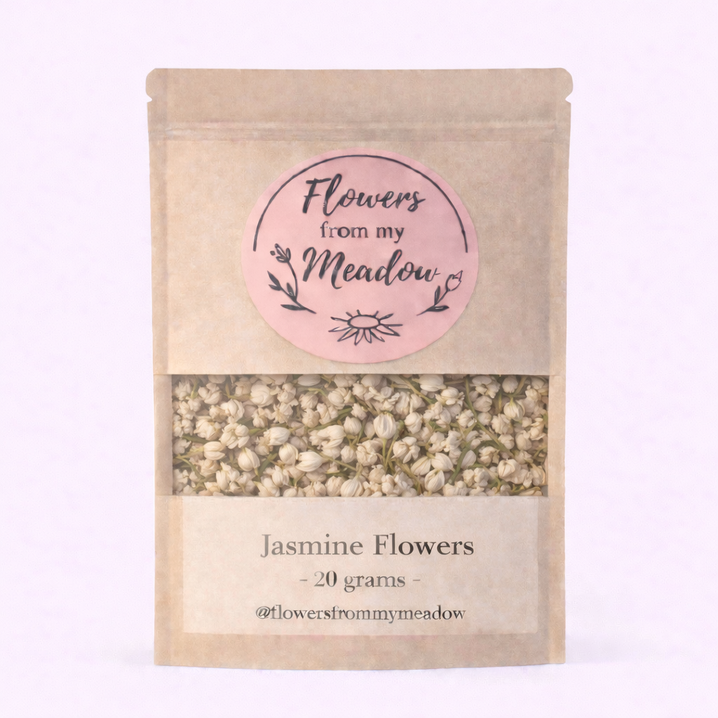 Package of jasmine flowers with 'Flowers from my Meadow' label on a light pink background