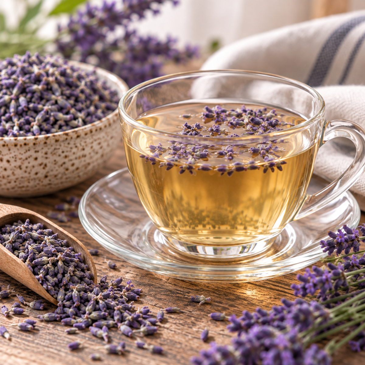 Lavender blossom tea with dried lavender buds and a naturally pale golden floral infusion