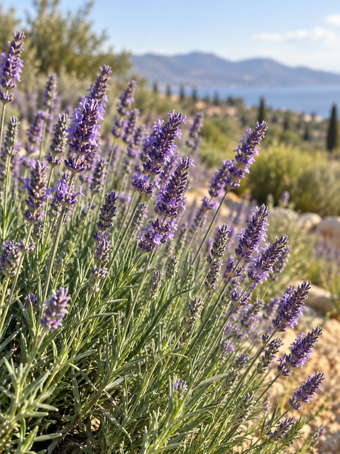 Fresh Lavandula angustifolia growing in a Mediterranean landscape with violet-purple flower spikes and narrow grey-green foliage