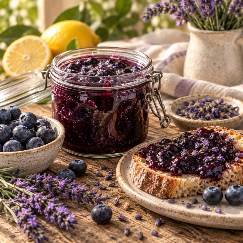 Lavender and blueberry preserve served with rustic toast, fresh blueberries and dried Lavender Blossoms