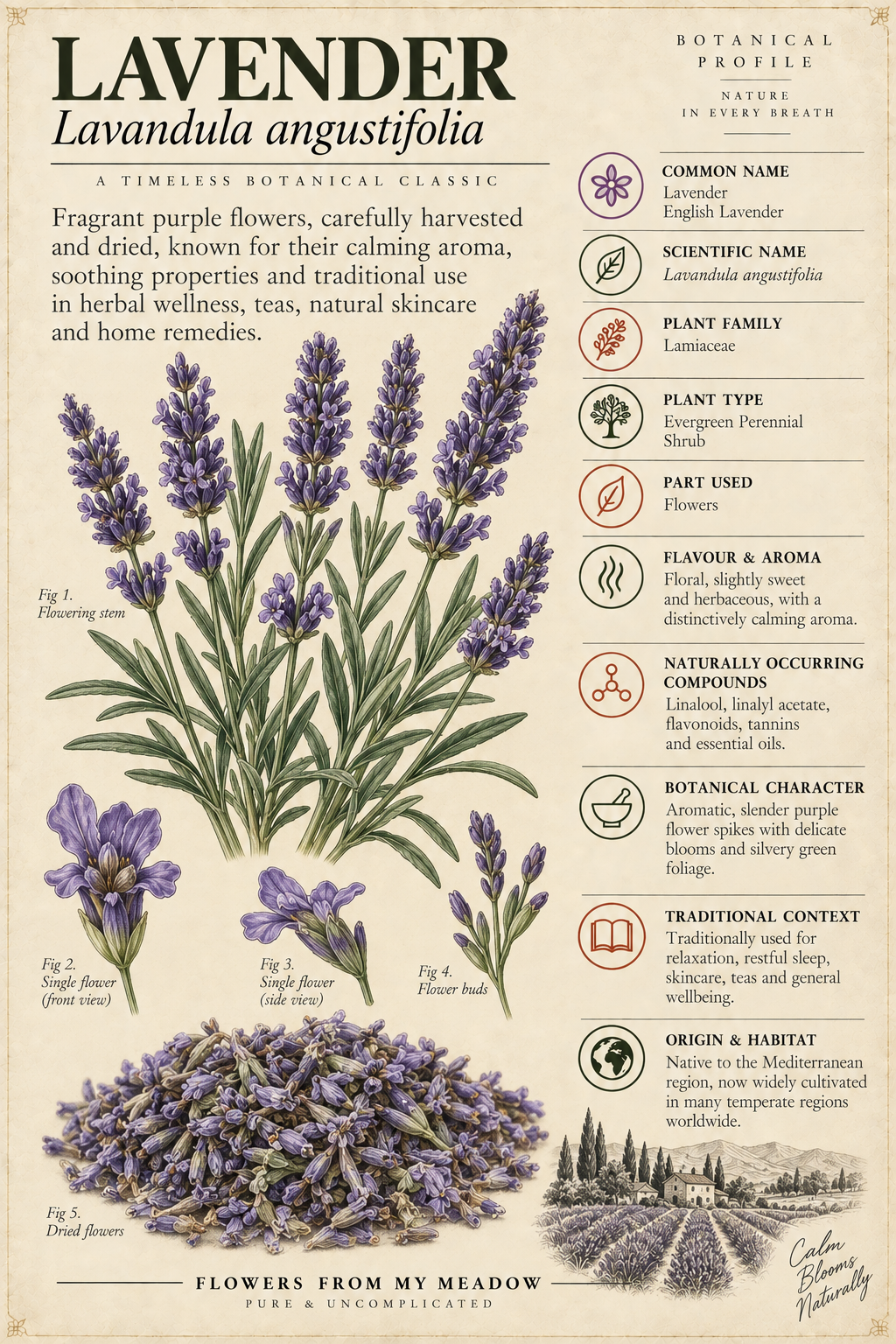 Vintage botanical profile of Lavender showing Lavandula angustifolia flowers, dried blossoms and key botanical information