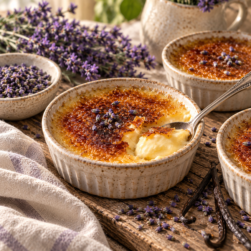 Lavender crème brûlée with a caramelised sugar crust, creamy vanilla custard and dried Lavender Blossoms