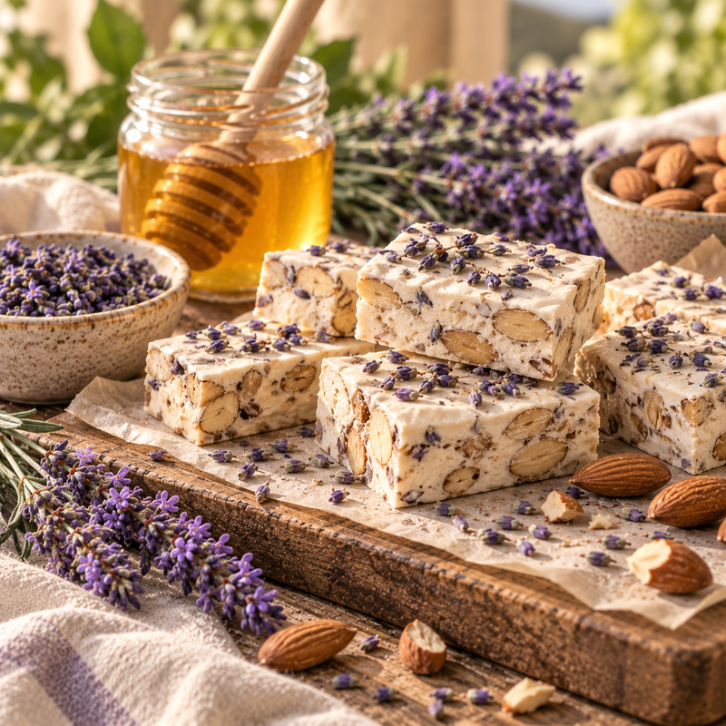 Lavender, honey and almond nougat with toasted almonds and dried Lavender Blossoms, styled with honey and fresh lavender sprigs
