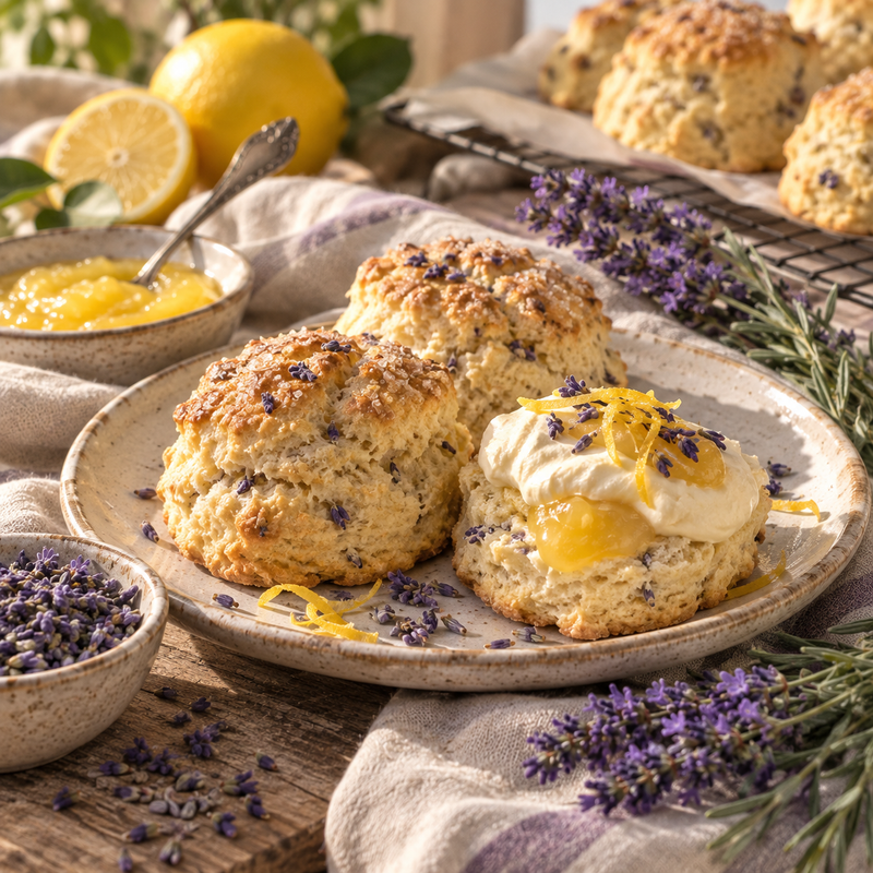 Lavender and lemon scones served with cream and lemon curd, styled with dried Lavender Blossoms and fresh lavender sprigs