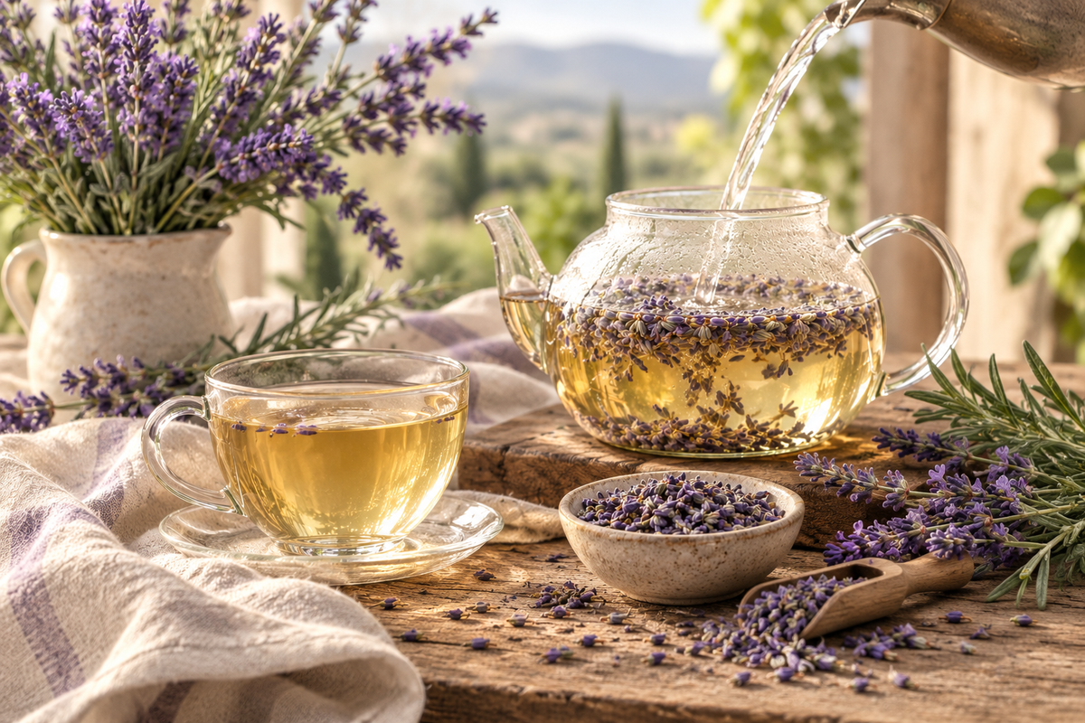 Lavender tea preparation with dried Lavandula angustifolia blossoms steeping in a glass teapot and a pale golden floral infusion