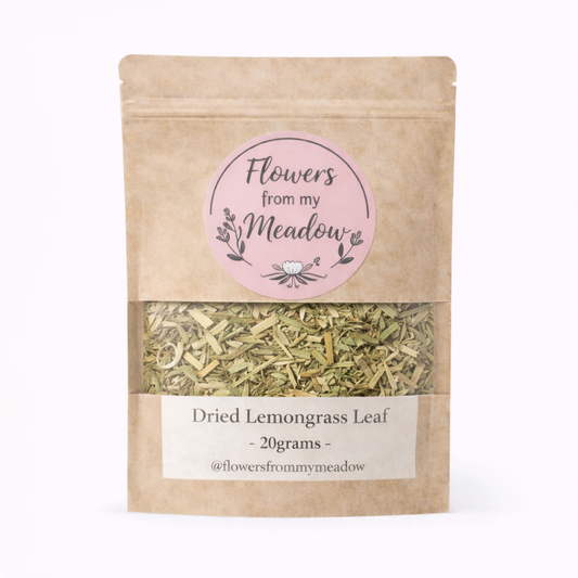 Kraft paper packaging of dried lemongrass leaf with a label on a white background