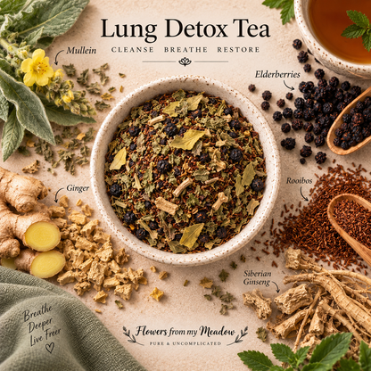 Lung Detox Tea botanical blend with mullein, elderberries, ginger, rooibos and Siberian ginseng