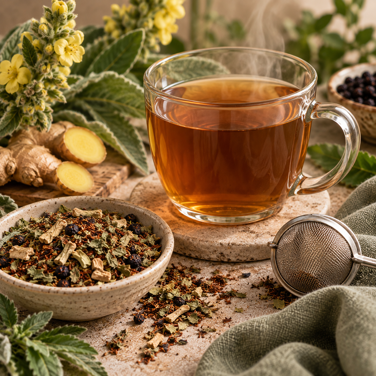 Filtered Lung Detox herbal tea with mullein, elderberries, ginger, rooibos and Siberian ginseng botanicals