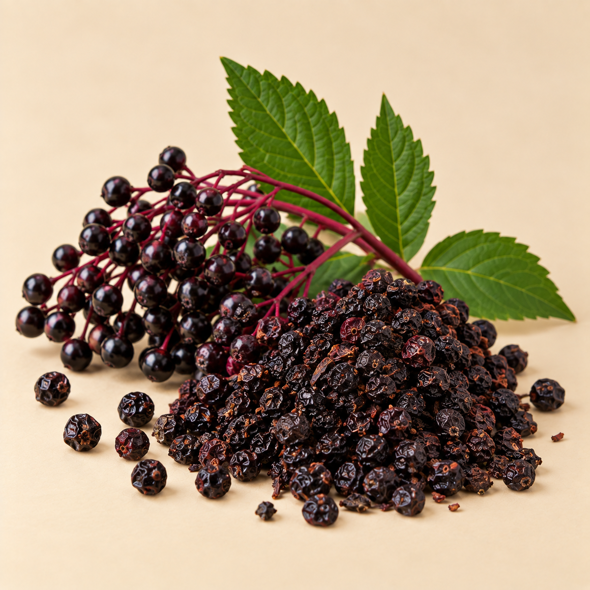 Elderberries showing fresh Sambucus nigra berries and dried elderberries used in Lung Detox Tea