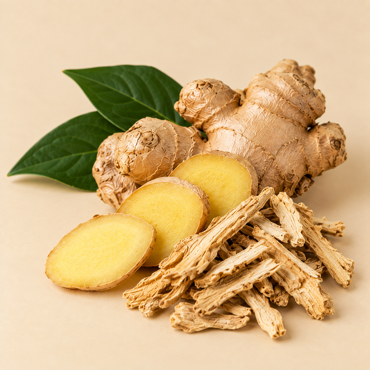 Ginger showing fresh rhizome, sliced ginger and dried ginger pieces used in Lung Detox Tea