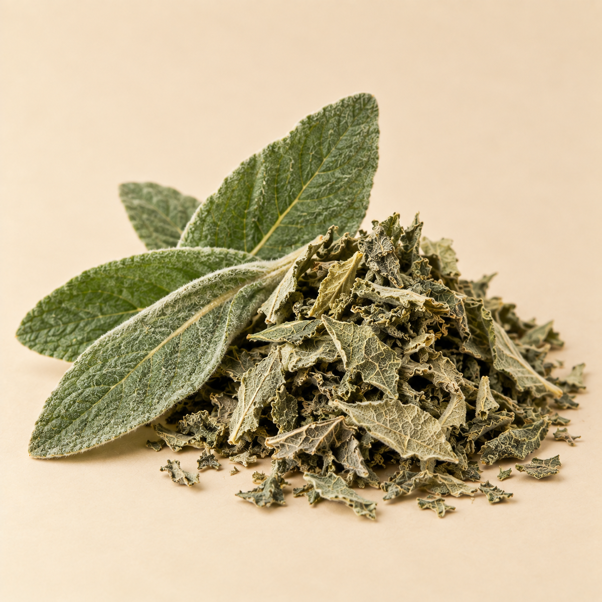 Mullein leaves showing fresh velvety leaves and dried cut leaf used in Lung Detox Tea