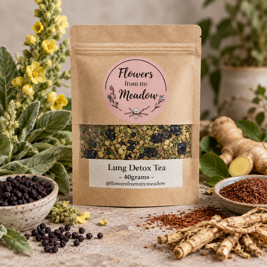 Lung Detox Tea pouch with mullein, elderberries, rooibos, ginger and Siberian ginseng botanicals