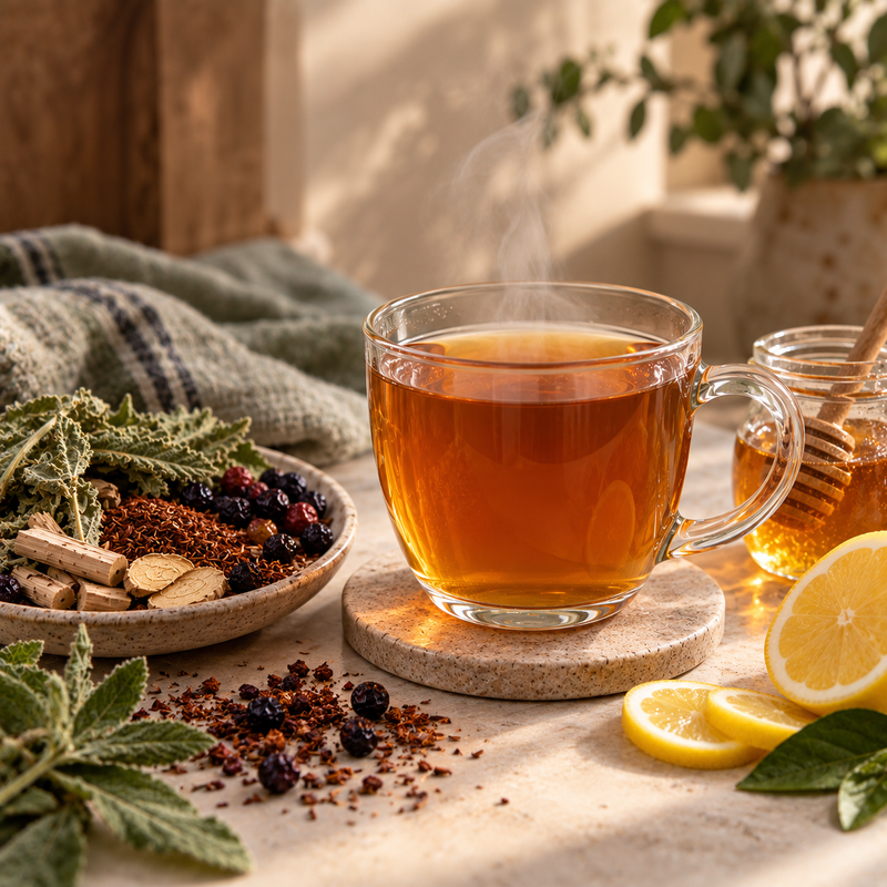Warm cup of Lung Detox Tea served with honey, fresh lemon and loose botanicals