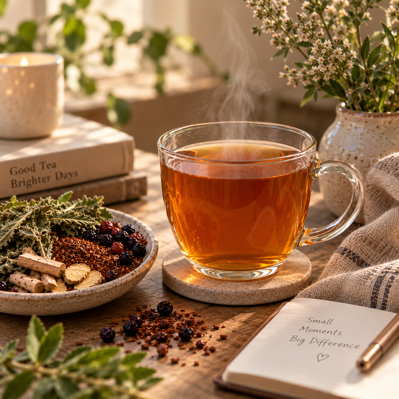 Warm cup of Lung Detox Tea with loose botanicals, journal and candle in a peaceful tea ritual setting