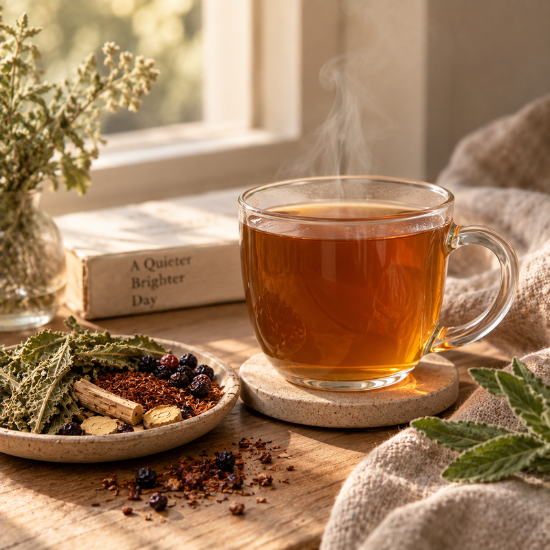 Warm cup of Lung Detox Tea with loose botanicals in soft morning light
