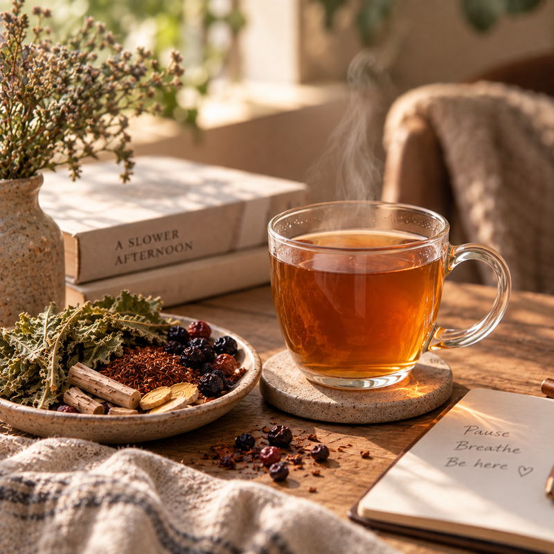 Warm cup of Lung Detox Tea with loose botanicals in soft afternoon light